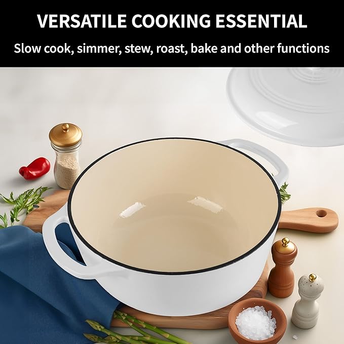 5.5 Quart Enameled Cast Iron Dutch Oven with Lid – Heavy-Duty Cookware for Bread, Braising, and Stews – Dual Handles, Oven Safe to 500°F – Ideal for Stovetop & Oven Cooking (White, 5.5QT)