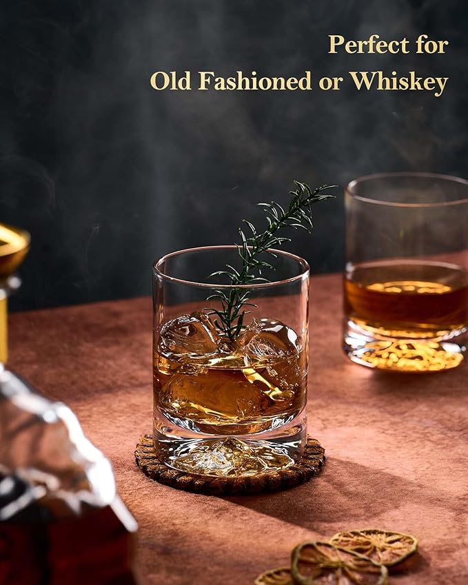 JBHO Hand Blown Crystal Double Old Fashioned Cocktail, Solid Whiskey Glasses, Rocks Glasses, Lowball Glasses - 12 Ounce - set of 2 - Perfect Size for Oversized Ice Cubes