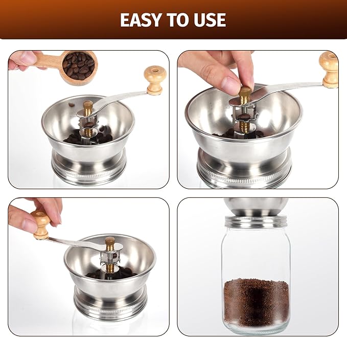 Mason Jar Coffee Grinder - Manual Lid Attachment for Wide Mouth Jars, Stainless Steel & Ceramic Burr, Ideal for Camping & Home Barista