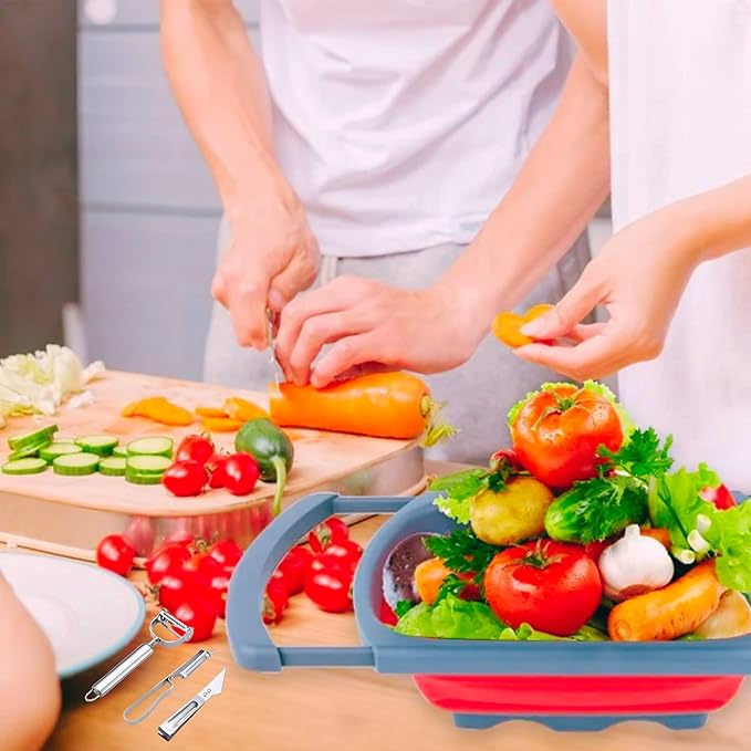Collapsible Silicone Over-the-Sink Colander – 6-Quart Foldable Strainer with Extendable Handles & 3 Bonus Peelers, Perfect for Vegetables, Fruits, and Pasta|RED