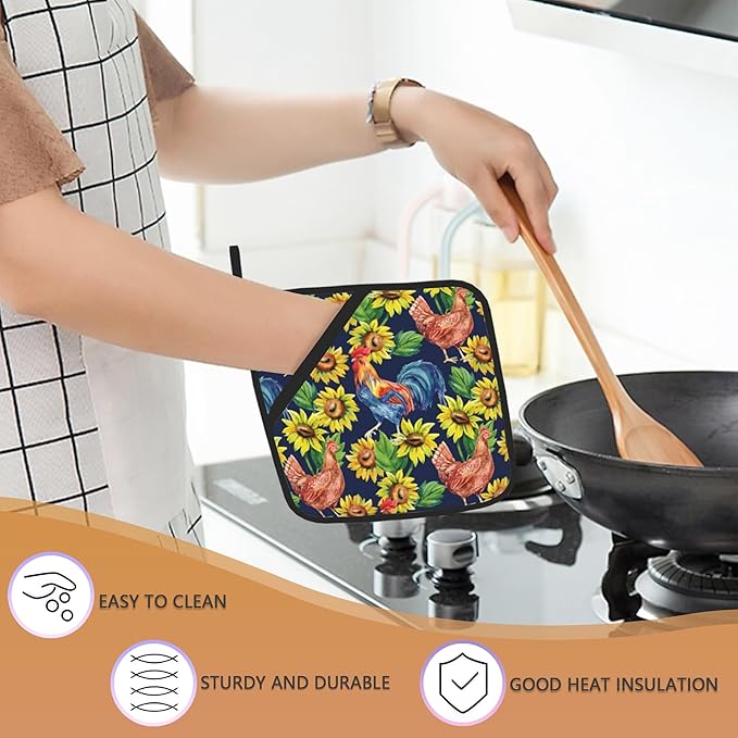 Rooster Farm Animals Pot Holders Set of 2, Kitchen Heat Resistant Hen Potholder for Microwave Cooking Baking Oven End Dishes and BBQ