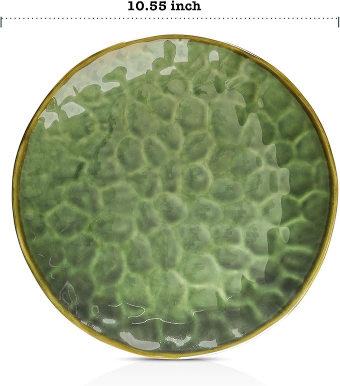 vicrays Ceramic Dinner Plates Set, 10.5 Inch, Set of 6, Round, Microwave, Oven, Dishwasher Safe, Scratch Resistant, Porcelain Fluted Suitable for Steak, Pasta, Pizza, Home, Restaurant, Green