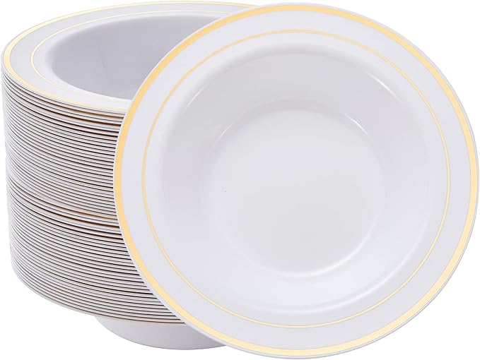 N9R 60PCS Disposable Plastic Bowls with Gold Rim, 12 oz Fancy White Plastic Bowls, Premium Dessert Salad Bowls Perfect for Party, Wedding and Everyday Use