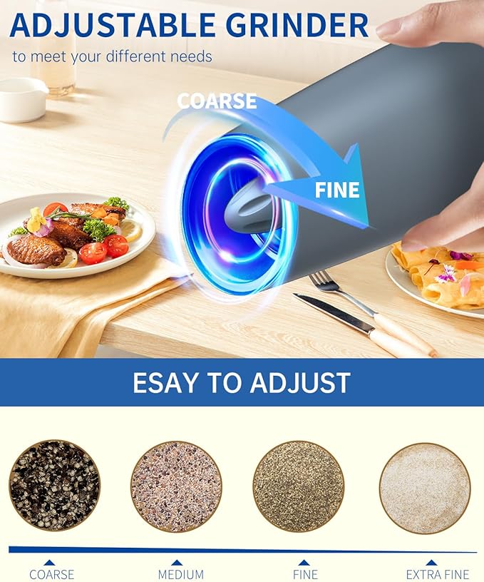 CIRCLE JOY Gravity Electric Salt and Pepper Grinder Set Automatic Salt and Pepper Grinder Set with LED Light, Battery Operated, Adjustable Coarseness, Large Capacity, for Home Kitchen BBQ, Blue