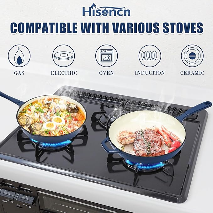 Hisencn Enameled Cast Iron Skillet Set - 3 Piece Ceramic Coated Fry Pan Set(8'',9.5'' 11''), PFAS/PTFE/PFOA Free, Oven & Induction Safe, Navy Blue Cookware for Gas/Electric Stovetop