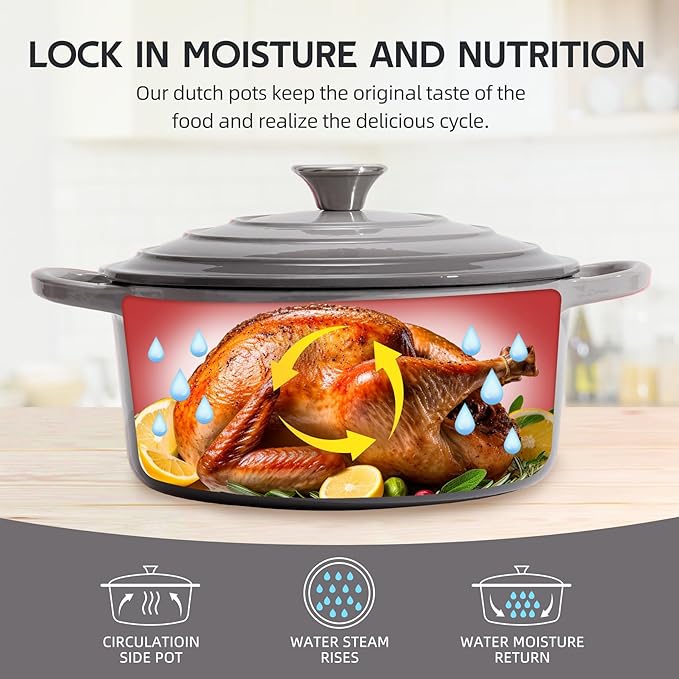 6 Quart Dutch Oven Enameled Cast Iron with Lid - Big Dual Handles - Oven Safe up to 500°F - Classic Round Pot for Versatile Cooking (Light Gray, 6 QT)