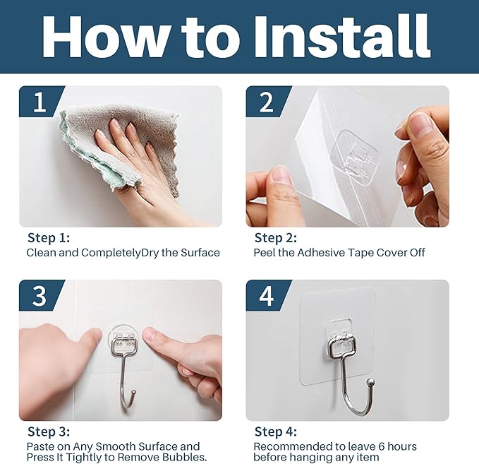 50 Pack Clear Adhesive Hooks, 37lb(Max) Heavy Duty Self Adhesive Hooks, Sticky Wall Hook with No Damage and Quick Assembly, Waterproof Bathroom Kitchen Wall Accessories Hanger and Holder