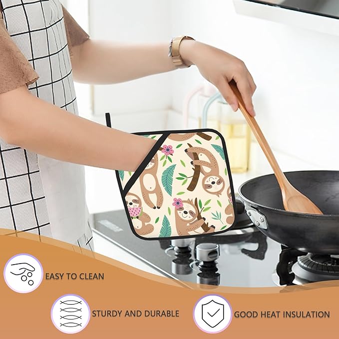 Cute Sloth Pot Holders Set of 2, Kitchen Heat Resistant Potholder for Microwave Cooking Baking Oven End Dishes and BBQ