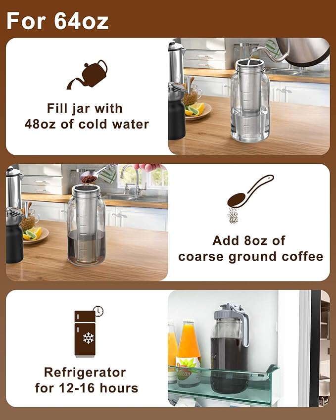 Cold Brew Coffee Filter for 64oz Wide Mouth Mason Jar Pitcher - Fine Mesh, Reusable 304 Stainless Steel Strainer with Sealing Ring, Cold Brew Strainer for Cold Brew Coffee Maker, Tea Infuser