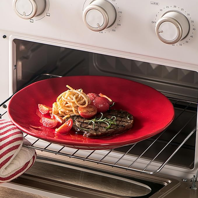 vicrays Ceramic Dinner Plates Set, 10 Inch, Microwave, Oven, Dishwasher Safe, Round, Porcelain Fluted Suitable for Steak, Pasta, Pizza, Home, Restaurant - Set of 6 Red