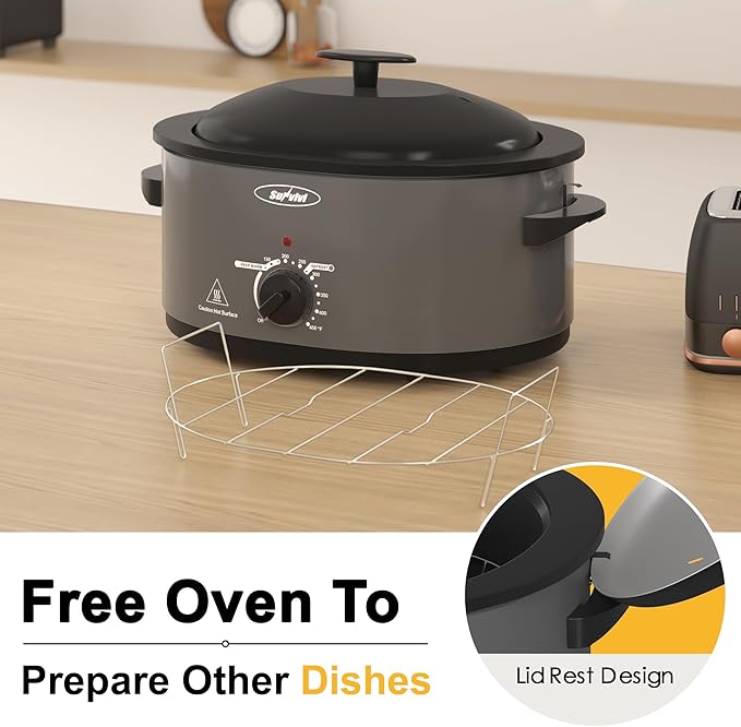 Sunvivi Roaster Oven with Self-Basting Lid, Electric 8-Quart Turkey Roaster Oven with Removable Pan and Rack, Stainless Steel, Grey