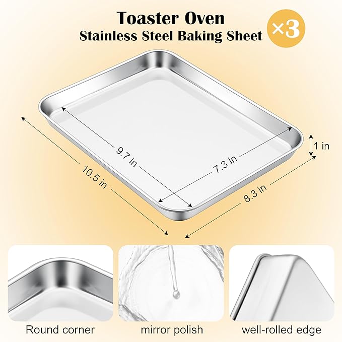 E-far Small Baking Sheet Set of 3, 10.5”x8.3” Stainless Steel Cookie Sheets Pans, Compact Non-toxic Metal Toaster Oven Trays for Cake, Healthy & Rust Free, Mirror Finish & Dishwasher Safe