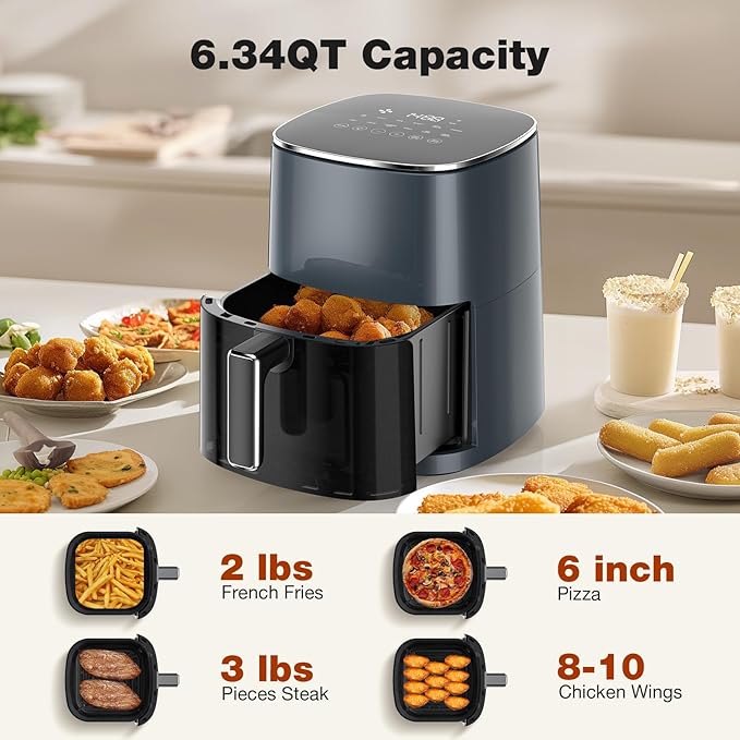 Sweetcrispy Air Fryer 6QT with Window, Square Airfryer Oven 12-in-1 for Family, 400°F Rapid Air Crispy Technology, Roast Bake Dehydrate, Nonstick & Easy-Clean Basket,Grey Black
