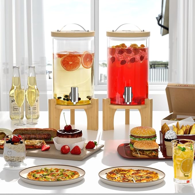 1.2 Gallon Glass Drink Dispenser For Parties, Beverage Dispenser With Bamboo Wood Stand And Stainless Steel Spigot, Countertop Water Dispenser, Lemonade Dispenser For Wedding, Picnic (1PACK)