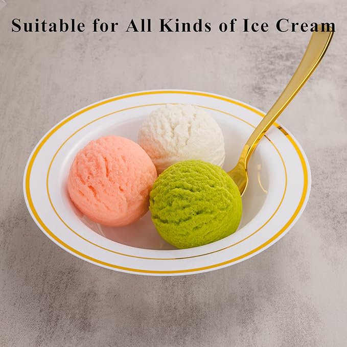N9R 30PCS Disposable Plastic Bowls with Gold Rim, 12 oz Fancy White Plastic Bowls, Premium Dessert Salad Bowls Perfect for Party, Wedding and Everyday Use