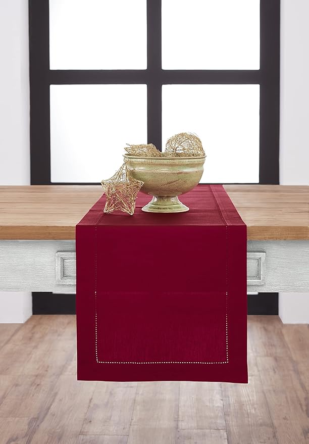 Solino Home Red Hemstitch Table Runner 48 Inches - Cotton Linen Small Table Runner 14 x 48 Inch Ideal for Dresser and Coffee Tables - Summer, Fall, Autumn, Halloween
