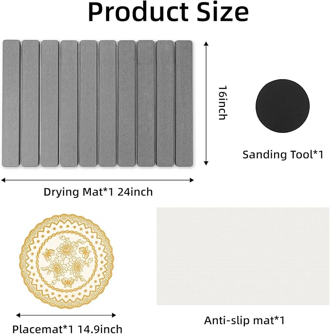 Stone Dish Drying Mat,24"(L)×16"(W) - Fast-Drying, Collapsible Kitchen Counter Mat for Dishes, Cups & Bottles with Sanding Tool + Placemat, Dark gray