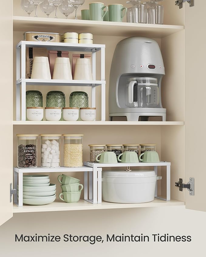 SONGMICS Spice Racks, Set of 2 Metal Cabinet Shelf Organizers, Countertop Organizers, Shelf Risers, Stackable, Expandable, White UKCS003W01