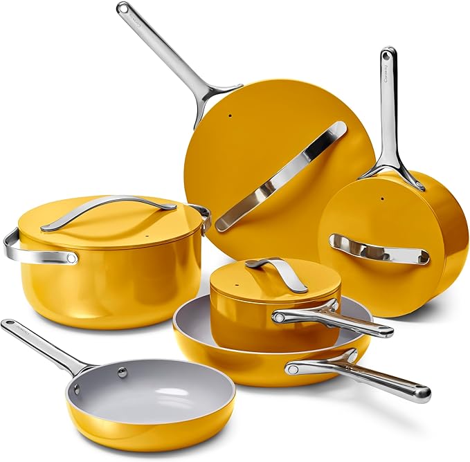 Caraway Deluxe Nonstick Ceramic Cookware Set (16 Piece) Pots, Frying Pans, Lids and Kitchen Storage - PFAS & PFOA Free - Oven Safe Ceramic Pan Set & Compatible with All Stovetops - Marigold