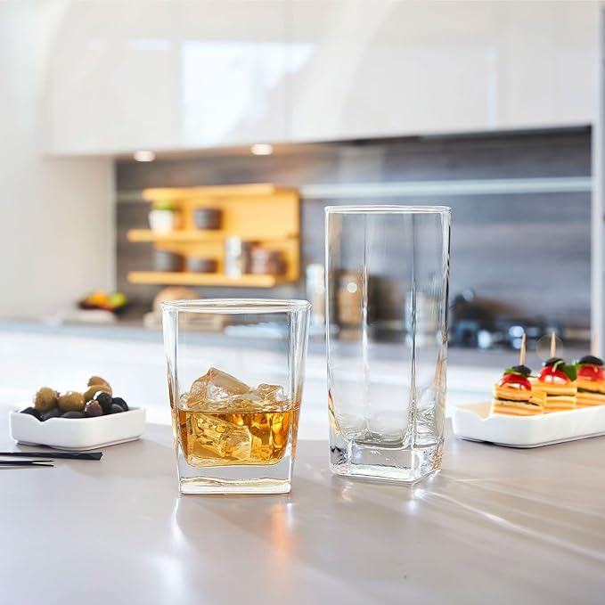 Everyday Drinking Glasses Set of 8 Drinkware Kitchen Glasses for Cocktail, Iced Coffee, Beer, Ice Tea, Wine, Whiskey, Water, 4 Tall Highball Glass Cups & 4 Short Old Fashioned.