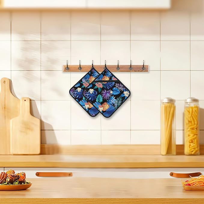 2PCS Hawaiian Pot Holder with Loop,Tropical Palm Leaves and Flowers Heat Resistant Oven Pads, Hot Pat for Kitchen Cooking Baking Food