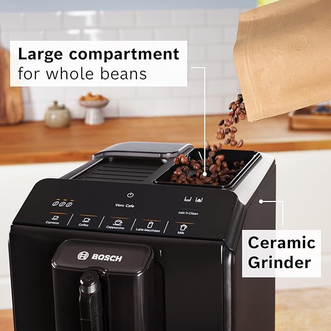 BOSCH 300 Series Fully Automatic Espresso and Coffee Machine – In-Cup Frother, OneTouch Milk Drinks, 5 Drink Options, Ceramic Grinder, Easy Clean & Descale, in Black TIU20109