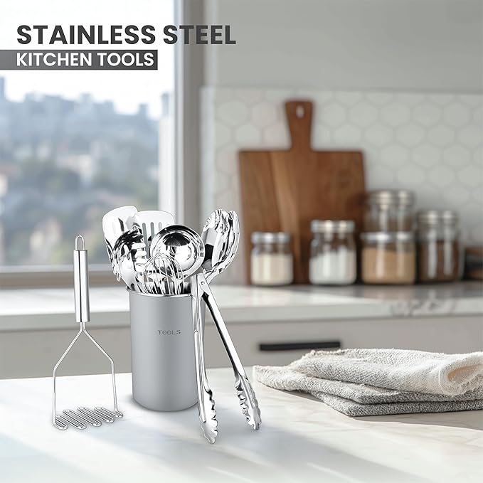 Avador® Premium Set of 10 Stainless Steel (GREY HOLDER) Kitchen Tool Set with Holder Easy To Clean, Space Saving, Great for Cooking, Baking, Prepping (GREY)