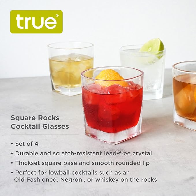 TRUE Square Rocks Glass, Old Fashioned Whiskey Glasses, Superb Drinking Cups for Cocktail Party, Home Bar, Bartender Accessories, Set of 4, 10 oz