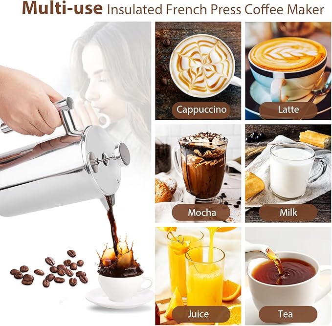 34oz French Press Coffee Maker, 1000ml Stainless Steel Double Insulated Cafetiere 8 Cup Espresso Coffee Press, Portable Coffee Plunger Pot for Home, Office, Camping