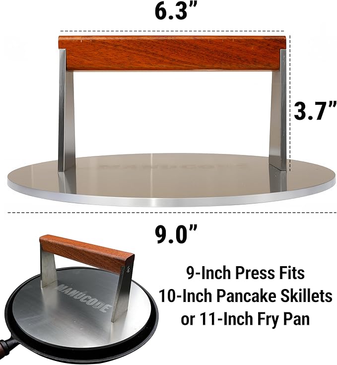 Smash Burger Press, 3.8-Lb Burger Smasher, 9-Inch Bacon Press for Batch Cooking, Stainless Steel, Easy to Clean and Seasoning Free, Heatable for Searing Panini, Steak, Chicken, Fish, Round