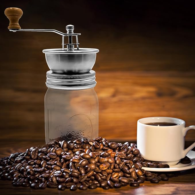 Manual Coffee Grinder Lid Attachment for Regular Mouth Mason Jars, Stainless Steel with Ceramic Burr, Ideal for Camping & Home Barista