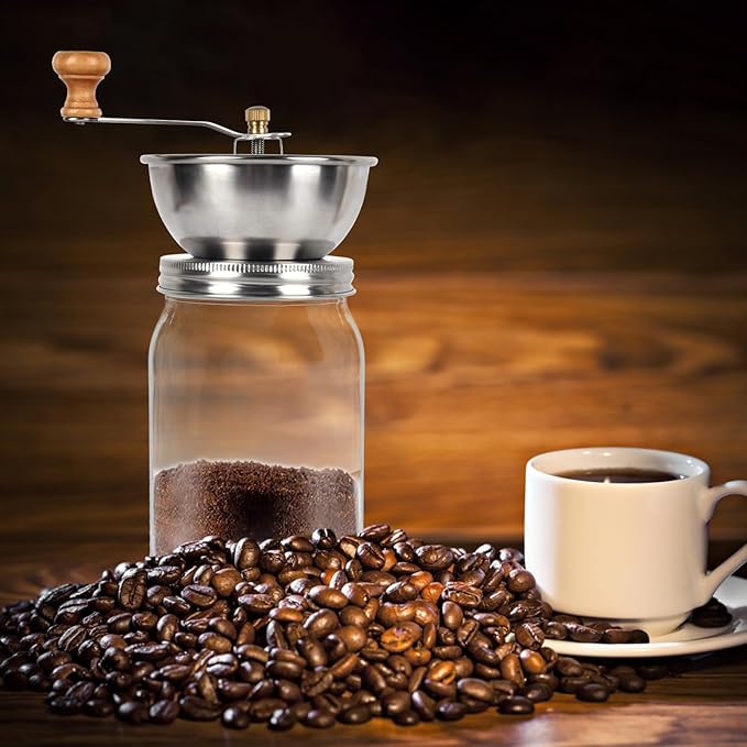 Mason Jar Coffee Grinder - Manual Lid Attachment for Wide Mouth Jars, Stainless Steel & Ceramic Burr, Ideal for Camping & Home Barista