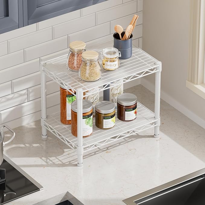 SINGAYE 2 Small Shelves Kitchen Storage Shelf Wire Shelving Unit Metal Shelf Adjustable Organizers Storage Shelving for Office Pantry White 12" D X 18" W X 12" H