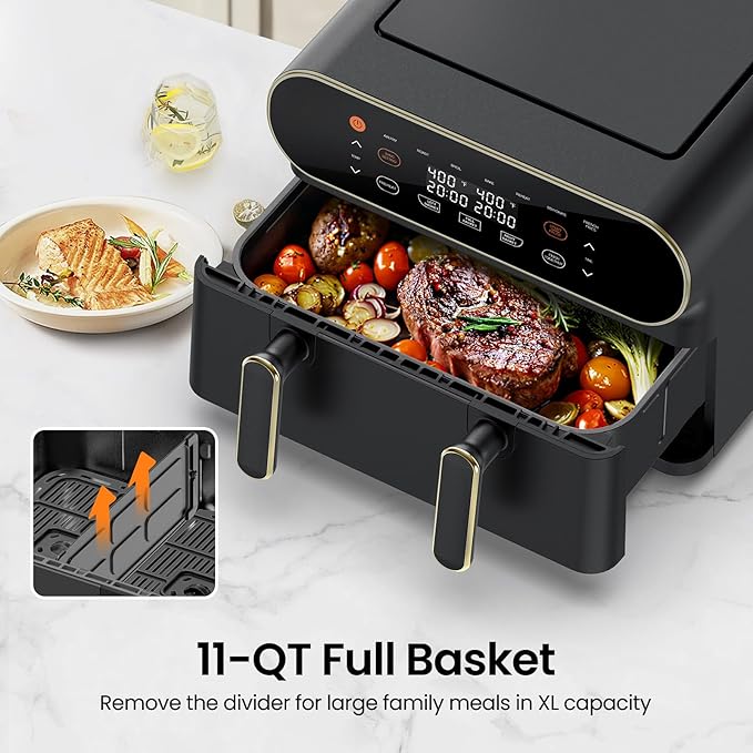 11-QT Large Air Fryer, 8-in-1 XL Airfryer with Flex Basket, Divider for Dual Cooking, Preheat Air Fry, Roast, Broil, Bake, Reheat, Dehydrate, French Fries Dishwasher Safe, w/Gold Border
