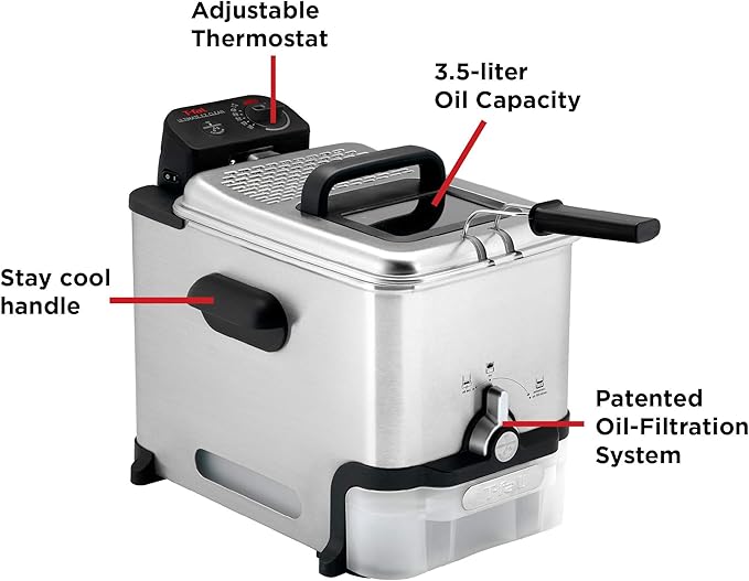 T-fal 3.5L Stainless Steel Deep Fryer with Basket, 1700W Electric Deep Fryer with Basket and Lid, Oil Filtration, Temp Control, Digital Timer, Dishwasher Safe Parts