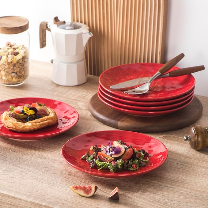 vicrays Ceramic Dessert Salad Plates, 8 Inch, Microwave, Oven, and Dishwasher Safe, Round, Porcelain Fluted Suitable for Snacks, Appetizer, Home, Party, Restaurant - Set of 6 Red