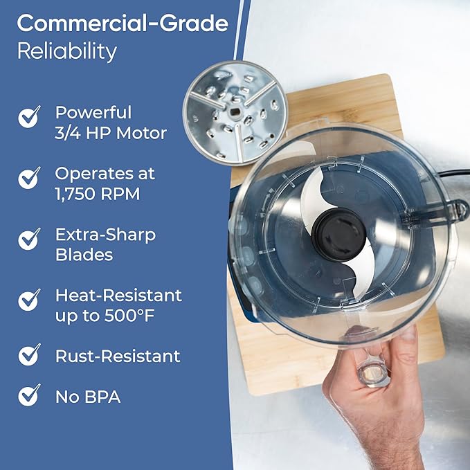 TK Tartle Commercial Food Processor - Heavy-Duty 600W Electric Chopper, Slicer & Shredder w/Flat lid, Continuous Feed, 3L Mixer Bowl & Stainless Steel Blades