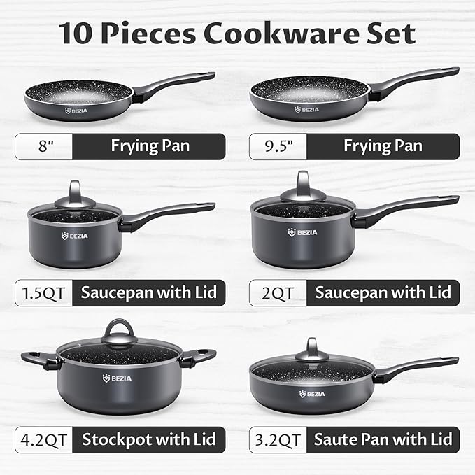 Induction Cookware Pots and Pans Set 10 Piece, BEZIA Dishwasher Safe Nonstick Cooking Pans, Stay-Cool Bakelite Handle, Scratch Resistant Kitchen Sets with Frying Pans, Saucepans & Stockpot (Black)