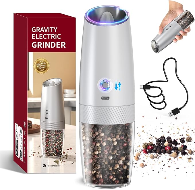 CIRCLE JOY 2-Speed Gravity Electric Pepper Grinder, Rechargeable Salt Grinder Pepper Mills, Adjustable Coarseness, White LED Light, 135ML Large Capacity, Silver