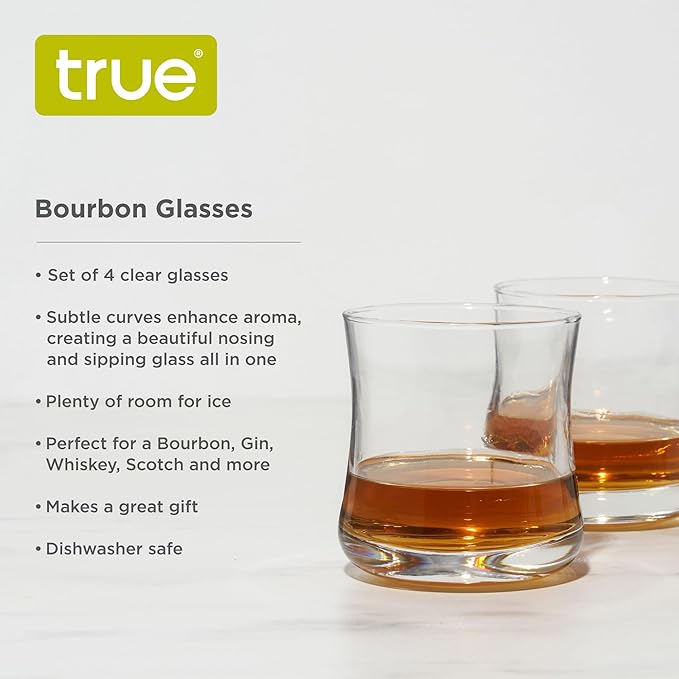 True Bourbon Glass, Whiskey Glasses, Clear Tumbler for Old Fashioned, Scotch, Vodka, Tequila, Brandy, Rum, Gin, Home Bar Glassware, 10 oz Set of 4