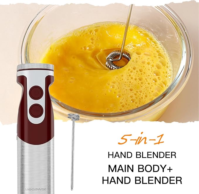 MegaWise Pro Titanium Reinforced 5-in-1 Immersion Hand Blender, Powerful Motor with 80% Sharper Blades, 12-Speed Corded Blender, Including 500ml Chopper, 600ml Beaker, Whisk and Milk Frother (Red)