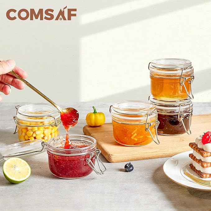 ComSaf 4oz Small Airtight Glass Jars Set of 12 with Lids Food Storage Jar Round, Mason Jar, Mini Storage Container with Clear Preserving Seal Wire Clip Fastening for Kitchen Canning, Jam, Spice, Honey