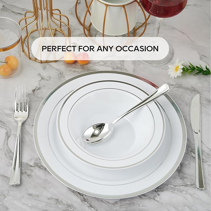 JOLLY PARTY 50 Plastic Bowls with Silver Rim-12oz Disposable Soup Bowls, Christmas Thanksgiving Premium Heavy Duty Plastic Dessert Bowls for Wedding/Party, Silver