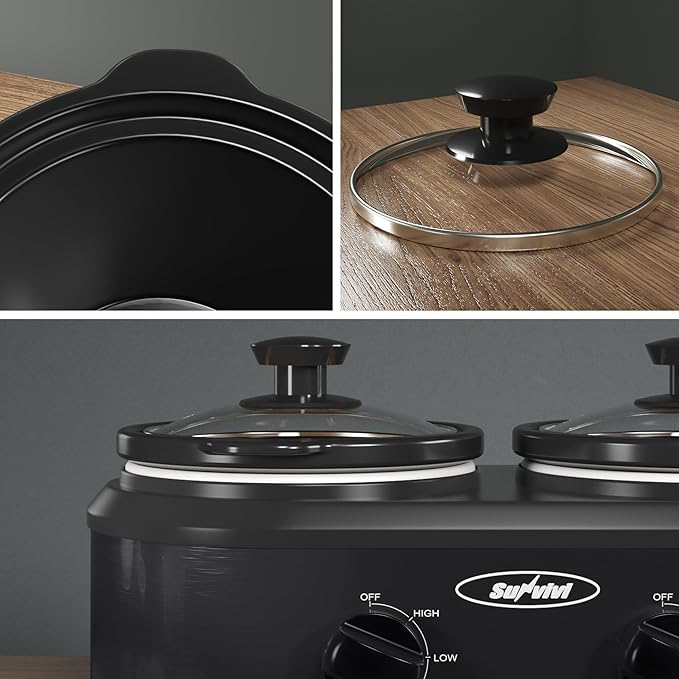 2 * 1.25 Quarts Dual Slow Cooker, Buffet Server & Warmer with 2 Removable Ceramic Pots, 3 Adjustable Temp Settings & 2 Visible Glass Lids, Stainless Steel, Black