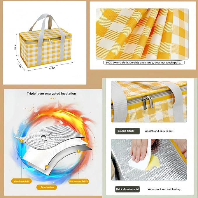 2pcs Insulated Reusable Food Picnic Bag Beach Bags, Beach Bag Cooler Bags with Zippered Top - Insulated Bag for Hot or Cold,Picnic Basket Collapsible, Outdoor Party, Camping,Festivals (B)