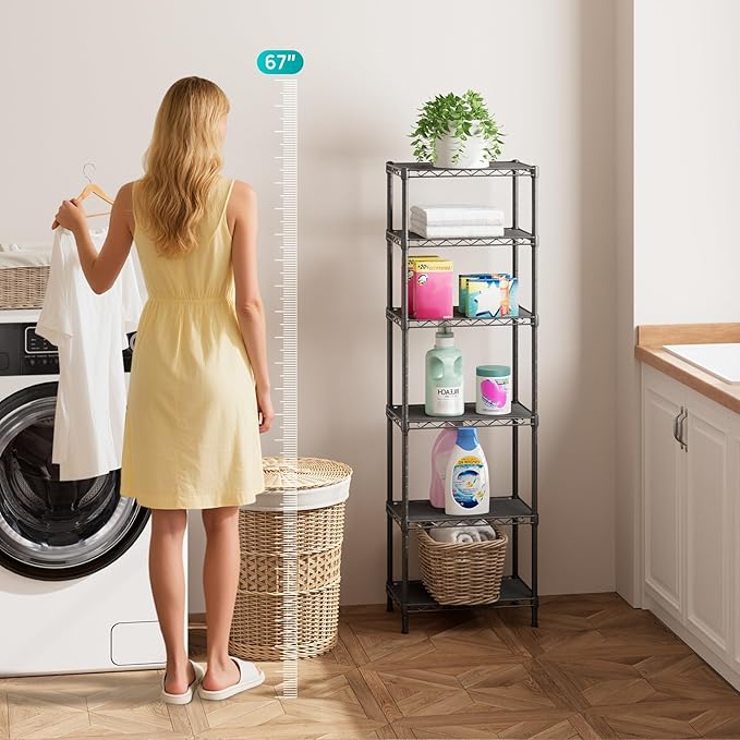 SINGAYE 6 Shelves Bathroom Organizers and Storage Shelf Wire Closet Metal Pantry Kitchen Small Garage Shelving Unit Laundry Room Organization Home Tall Rack Balck 10" D x 16" W x 60”H
