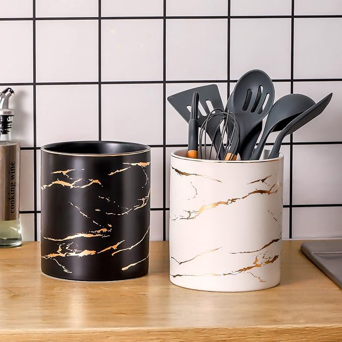 7.2 inch Large Utensil Holder for Kitchen Counter, Golden Marble Utensil Crock Spatula Holder for Countertop Cooking Tools Storage Caddy Farmhouse Kitchen Decor (Marble-Black)