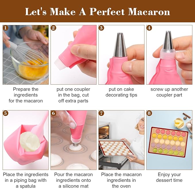 28Pcs Macaron Silicone Baking Mat Kit-2 Sheet Macaron Silicone Baking Mats 11.6"x16.5", 2 Piping Pastry Bag, 12Piping Tip, 1 Coupler, 3 Scraper, 1 Egg Beater, 6 Embossing-Molds Macaron Set