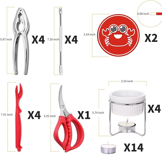 Luvan 33 Pcs Crab Crackers and Tools Set with 4 Crab Leg Crackers, 4 Crab Forks, 4 Lobster Shellers, 4 Butter Warmers, 1 Seafood Scissors, 14 Tealight Candles, 2 Crab Grabber-Seafood Boil Party Supply