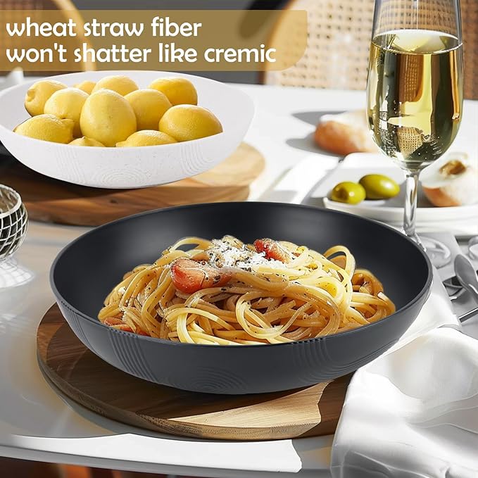 Wheat Straw Salad Bowls,65oz Unbreakable Wide and Shallow Dinner Bowls Set of 2,Microwave Safe Reusable Plastic Salad Bowls for Kids, Adults,Salad,Camping,RV.Black and White